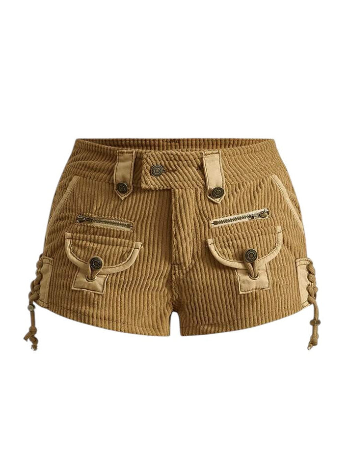 Retro Corduroy Faux Fur Patchwork Side Tie Mini Shorts