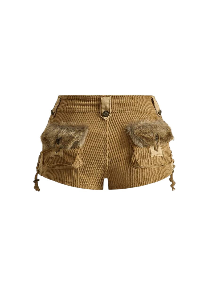 Retro Corduroy Faux Fur Patchwork Side Tie Mini Shorts