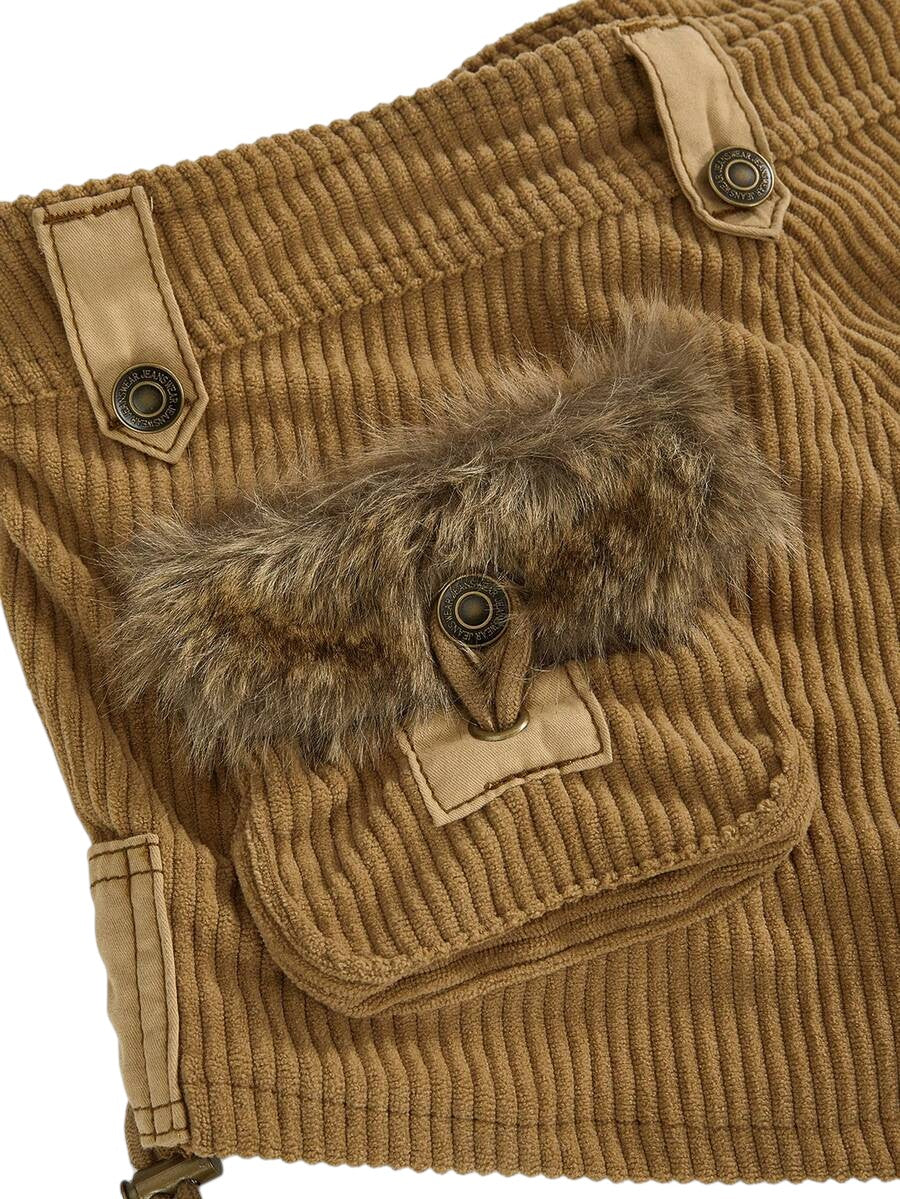 Retro Corduroy Faux Fur Patchwork Side Tie Mini Shorts