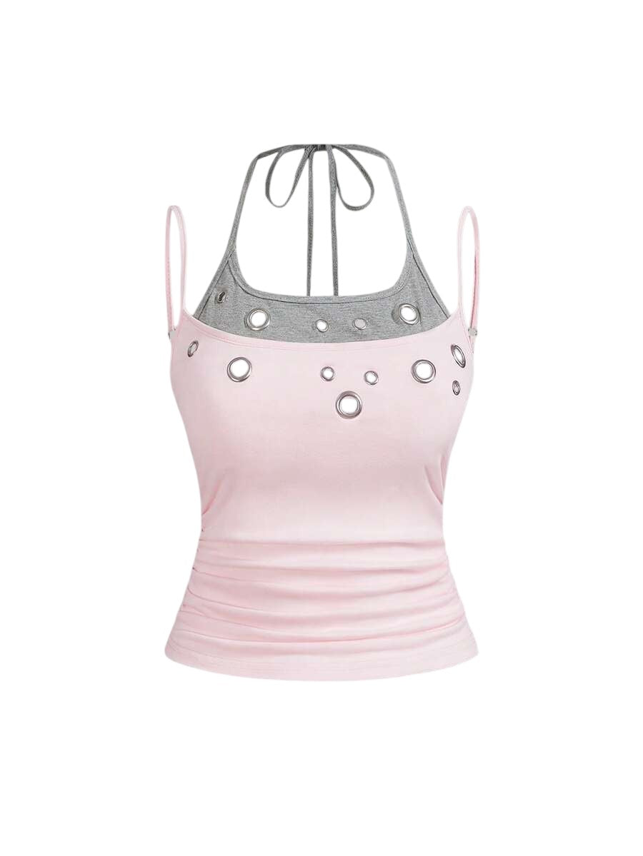 Pink Y2K Eyelet Detail Streetwear Fitted Tank Top