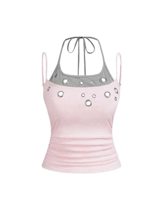 Pink Y2K Eyelet Detail Streetwear Fitted Tank Top