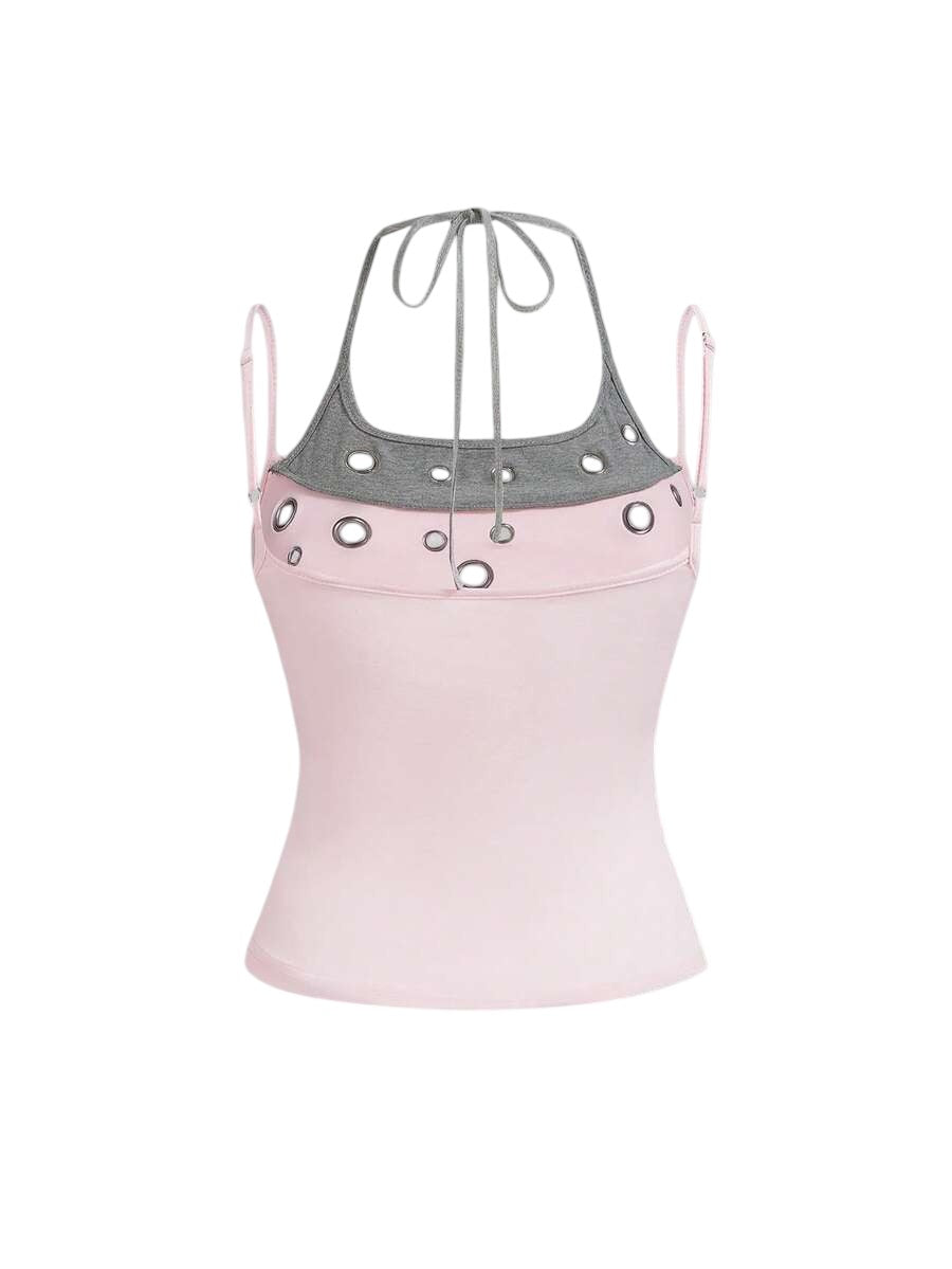 Pink Y2K Eyelet Detail Streetwear Fitted Tank Top