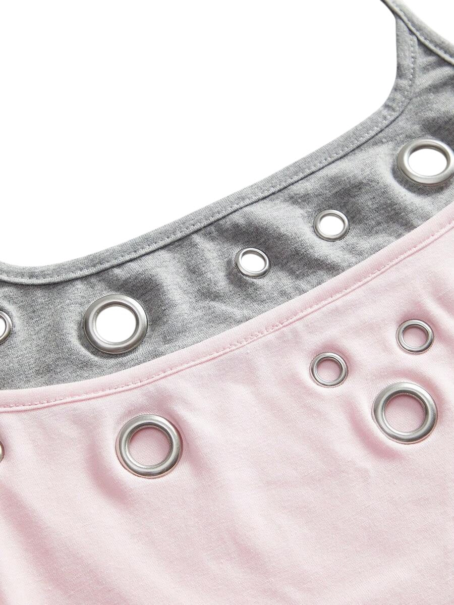 Pink Y2K Eyelet Detail Streetwear Fitted Tank Top