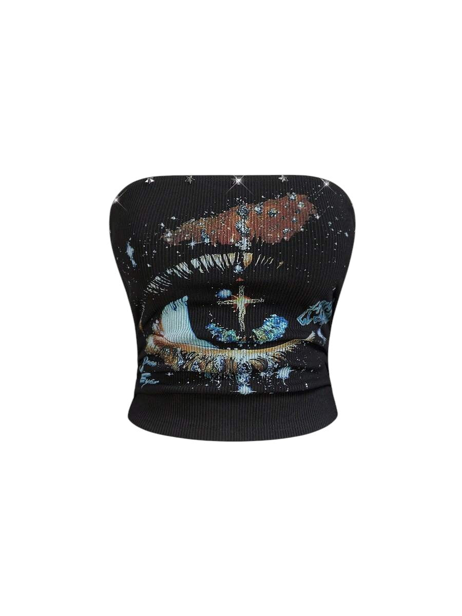 Women's Black Starry Sky Graphic Streetwear Tube Top