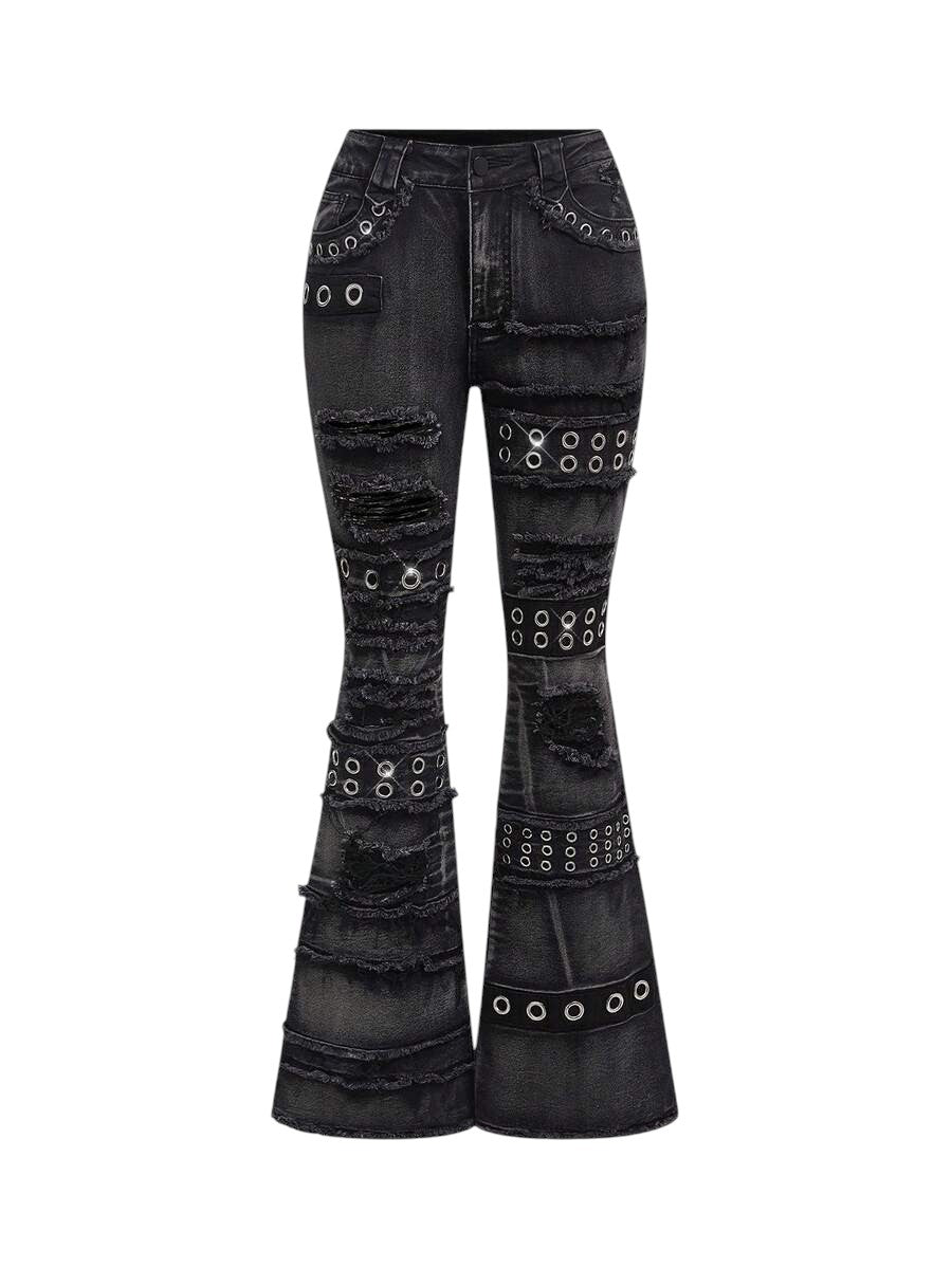 Y2K Super Low Rise Rivet Distressed Skinny Flare Jeans