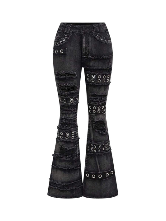 Y2K Super Low Rise Rivet Distressed Skinny Flare Jeans