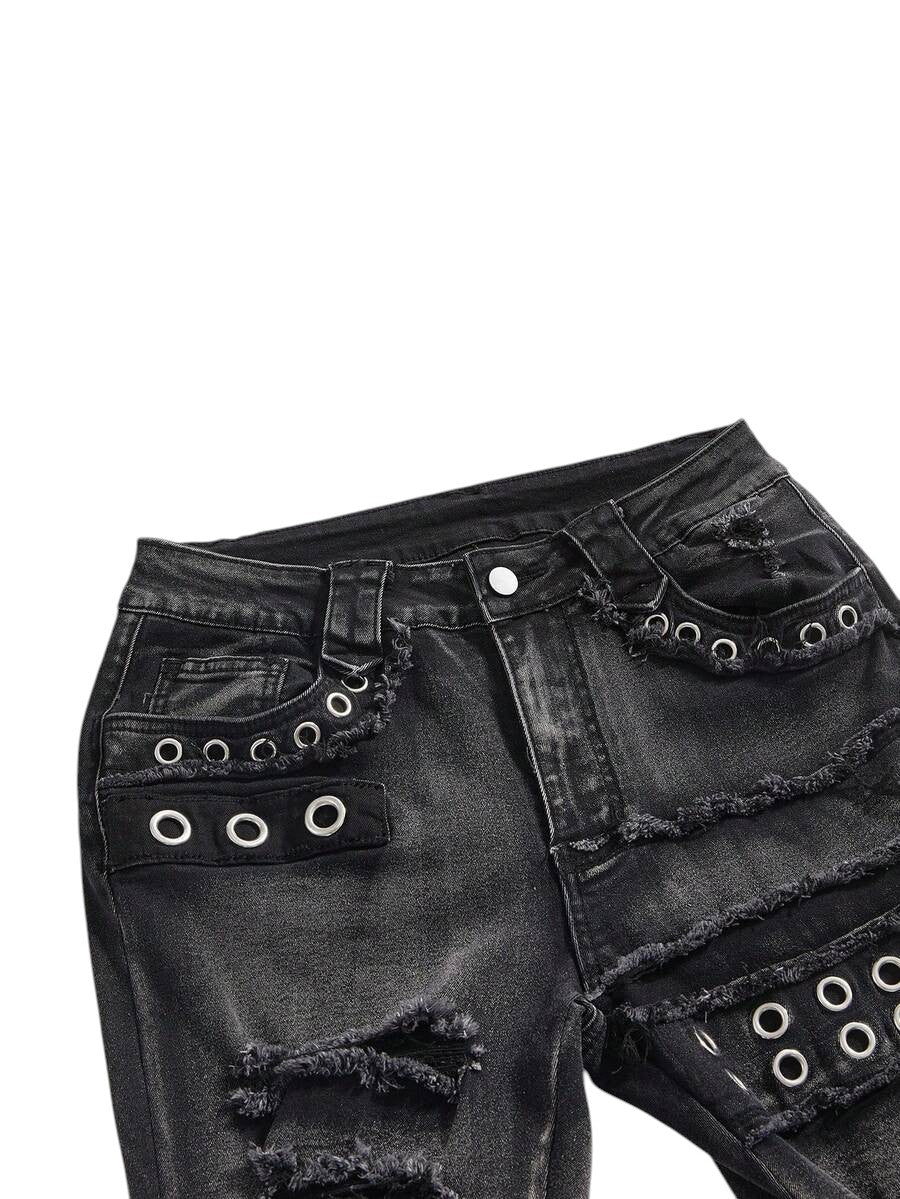 Y2K Super Low Rise Rivet Distressed Skinny Flare Jeans
