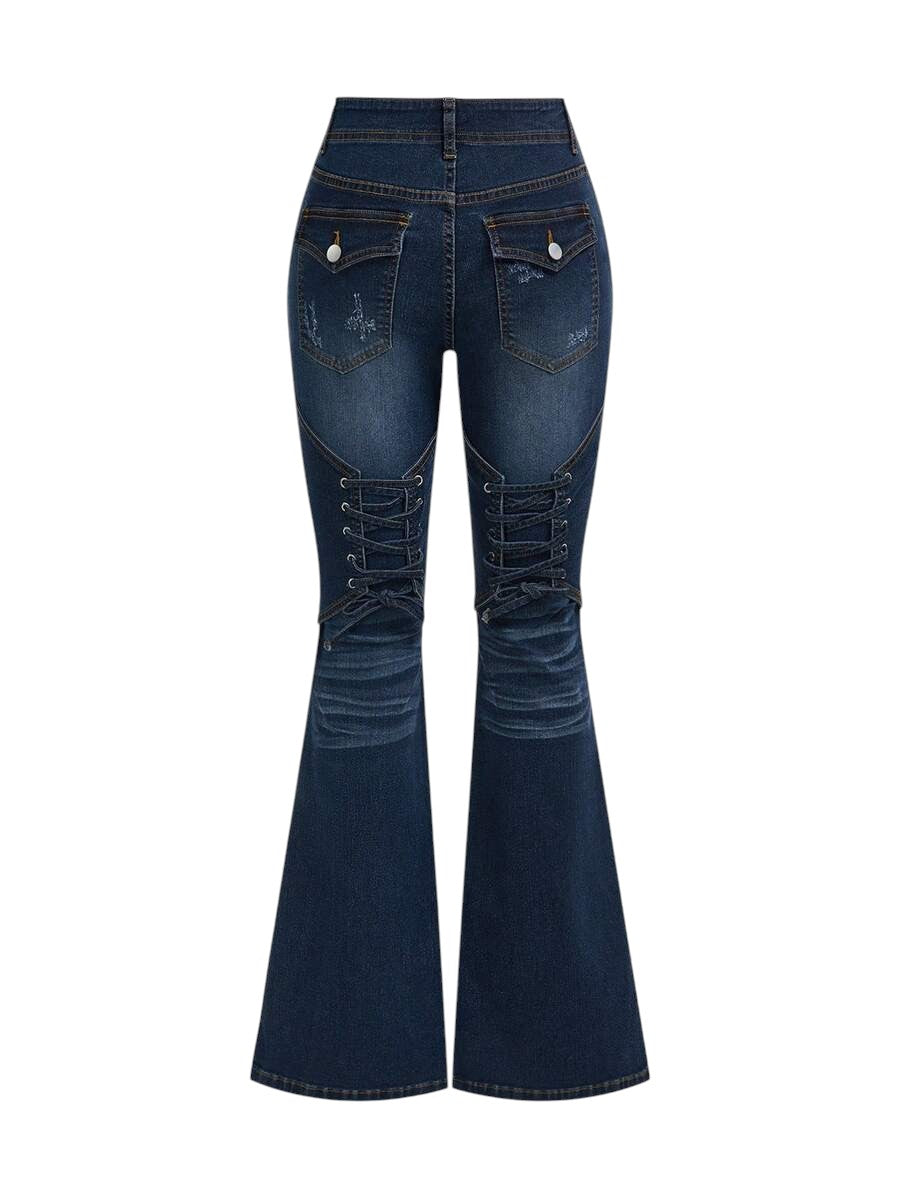 Y2K Colorblock Lace-Up Fitted Flare Leg Denim Jeans