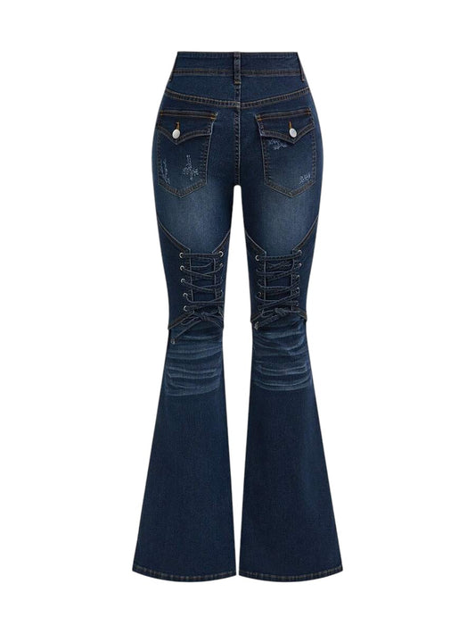 Y2K Colorblock Lace-Up Fitted Flare Leg Denim Jeans