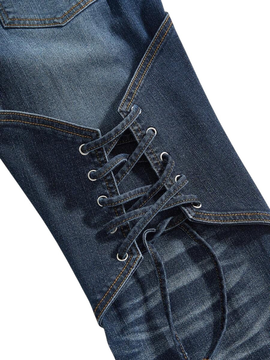 Y2K Colorblock Lace-Up Fitted Flare Leg Denim Jeans