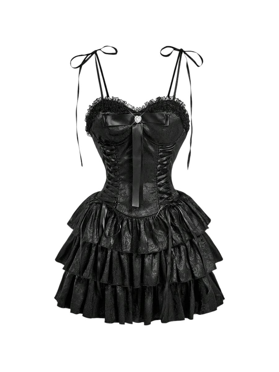 Women's Black Vintage Palace Style Satin Ruffle Mini Dress