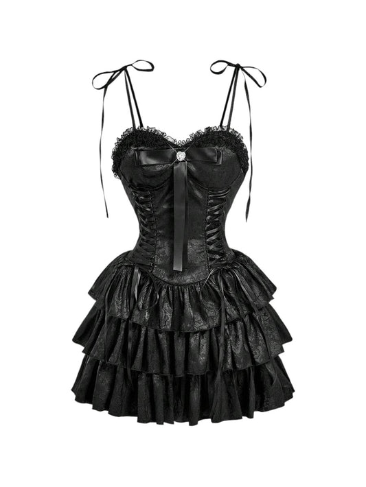 Women's Black Vintage Palace Style Satin Ruffle Mini Dress