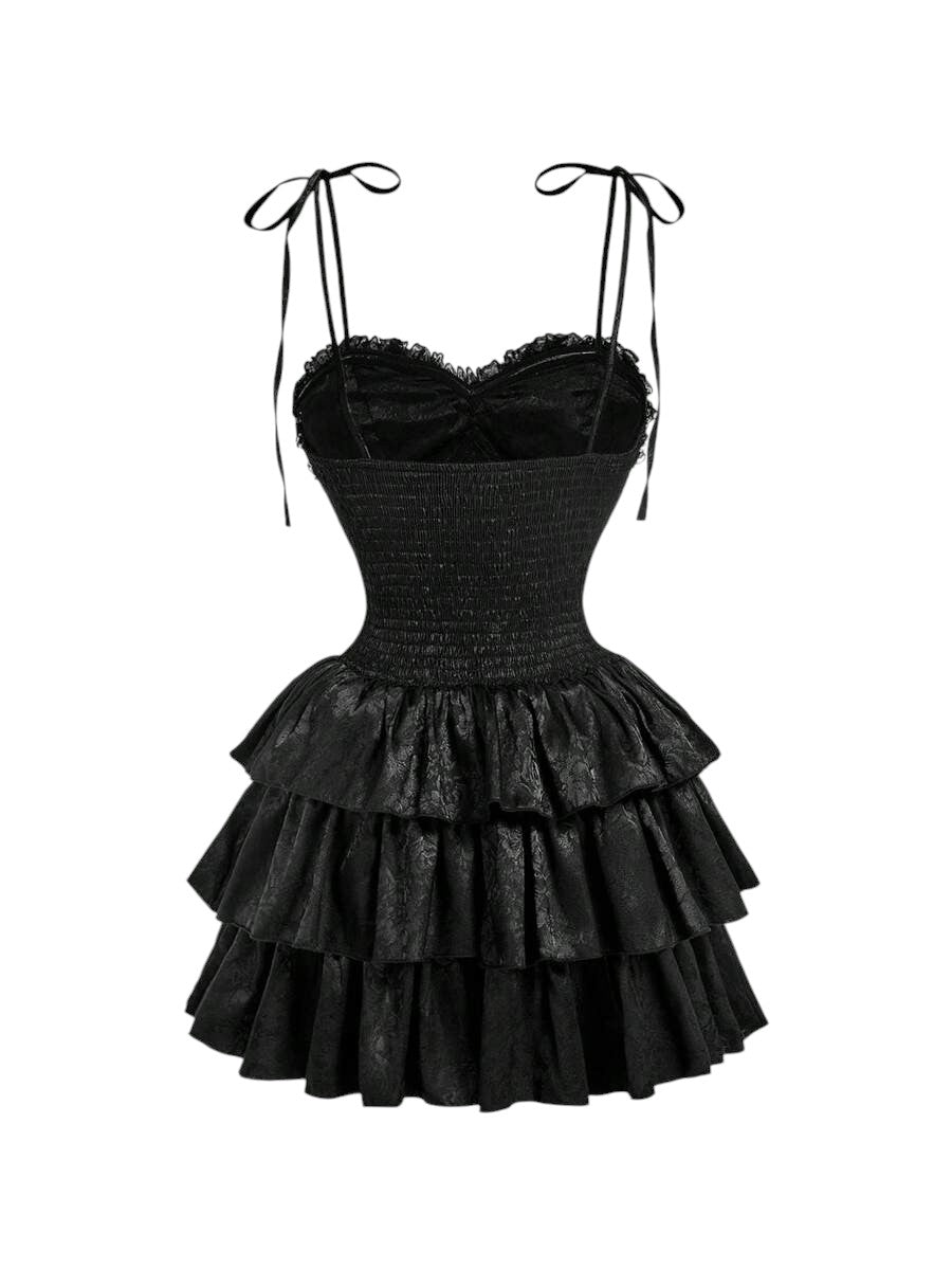 Women's Black Vintage Palace Style Satin Ruffle Mini Dress
