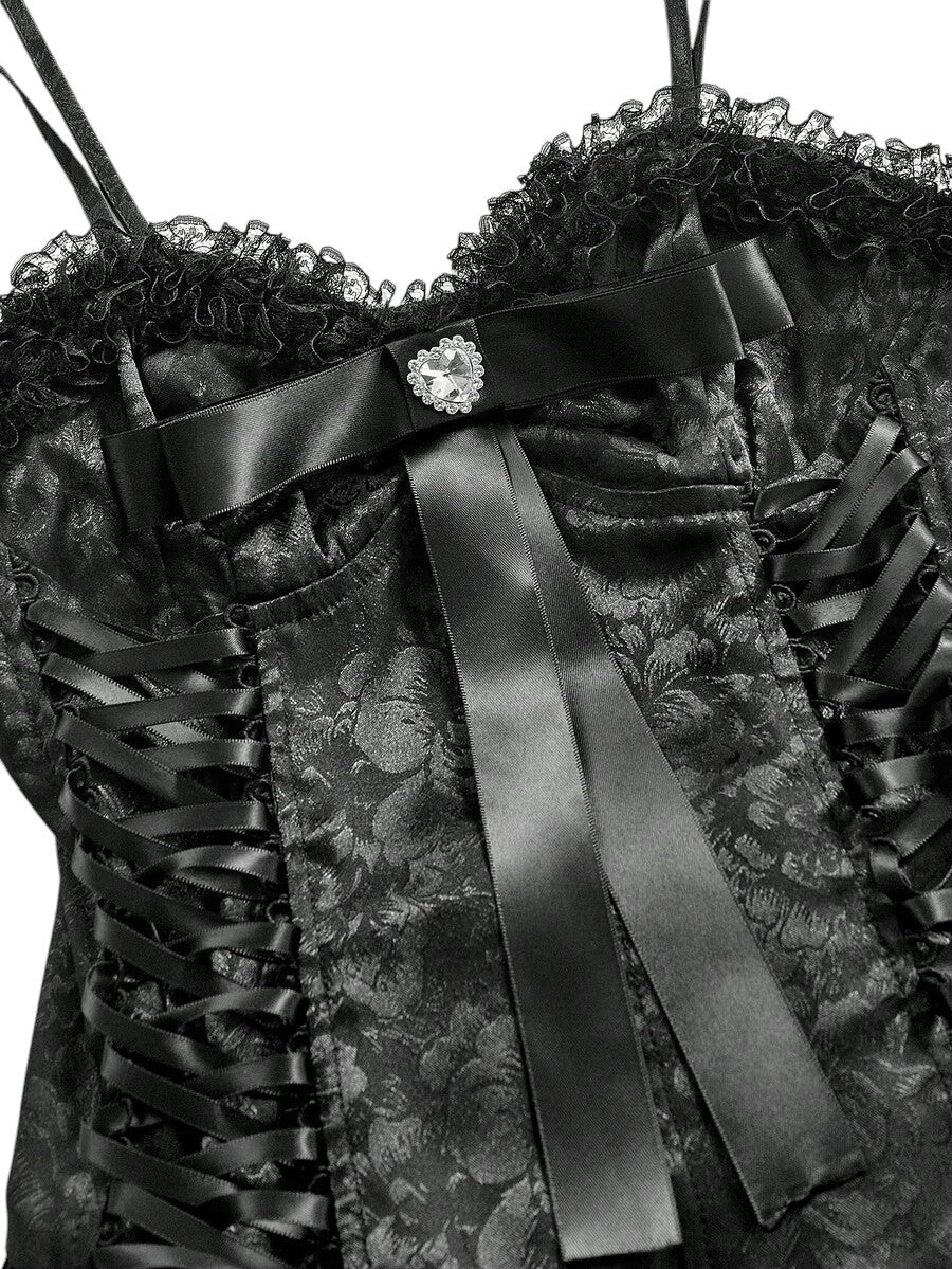 Women's Black Vintage Palace Style Satin Ruffle Mini Dress