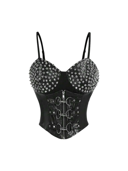 Dark Punk Rivet Patchwork PU Black Cami Top