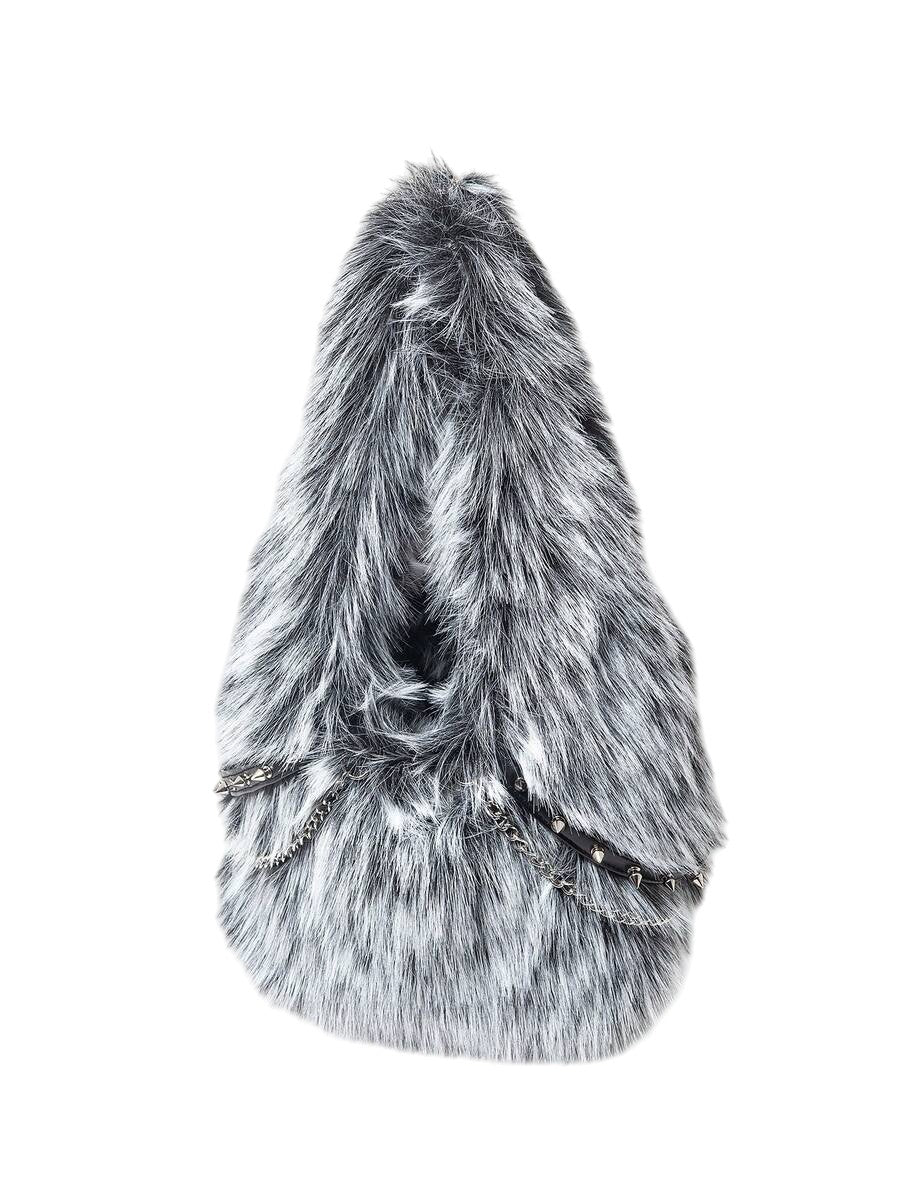 Women's Black & White Faux Fur Chain Rivet Hobo Shoulder Bag