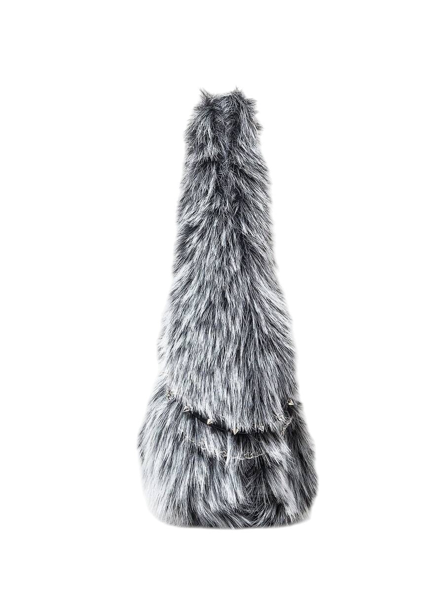 Women's Black & White Faux Fur Chain Rivet Hobo Shoulder Bag