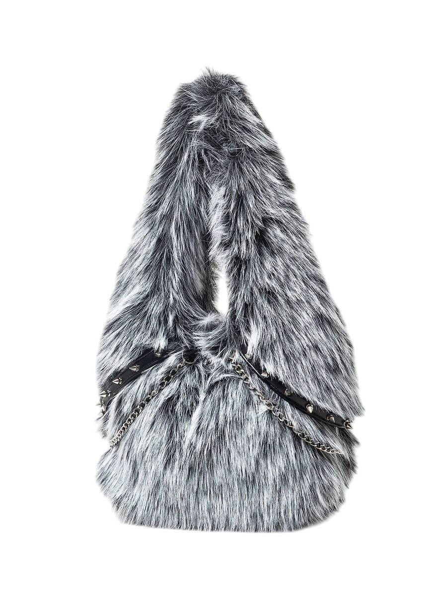 Women's Black & White Faux Fur Chain Rivet Hobo Shoulder Bag