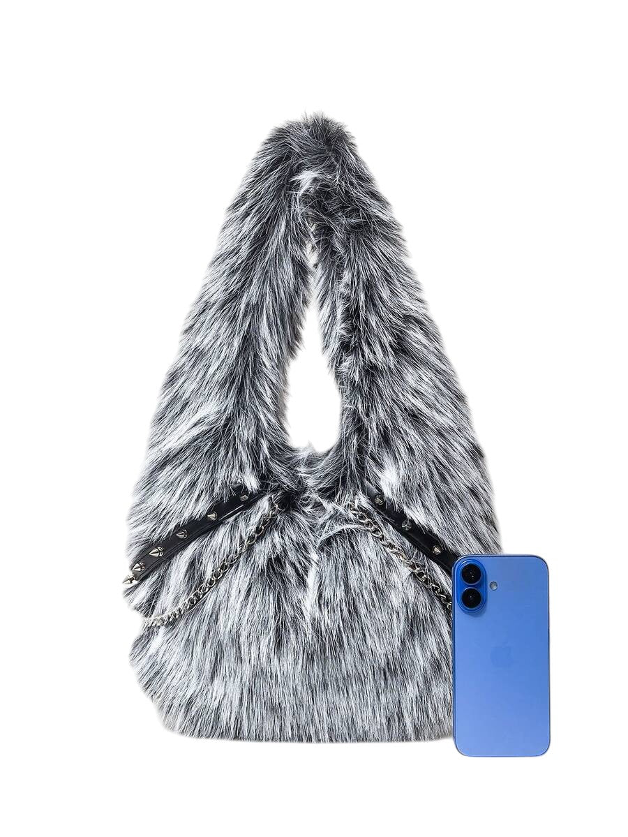 Women's Black & White Faux Fur Chain Rivet Hobo Shoulder Bag
