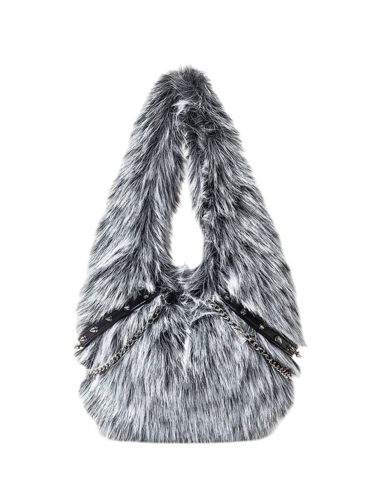 Women's Black & White Faux Fur Chain Rivet Hobo Shoulder Bag