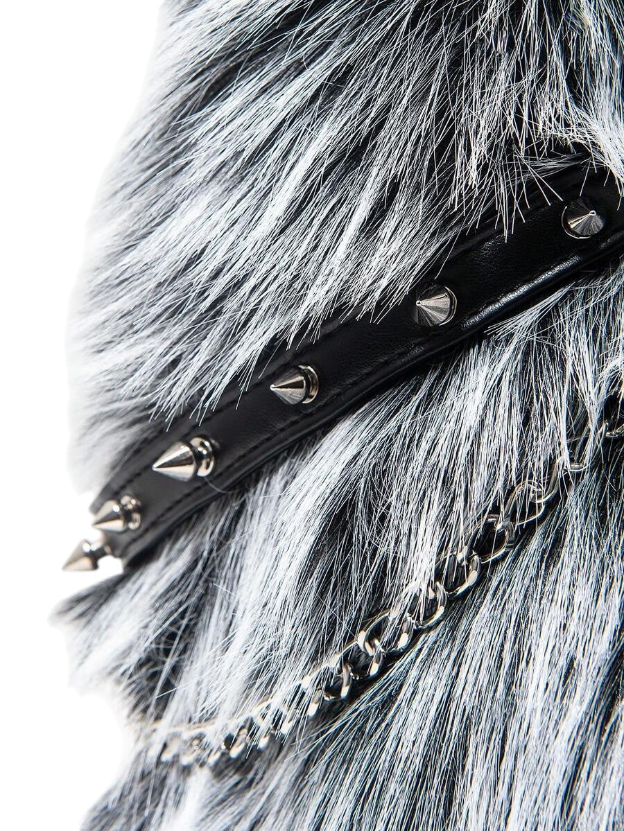 Women's Black & White Faux Fur Chain Rivet Hobo Shoulder Bag