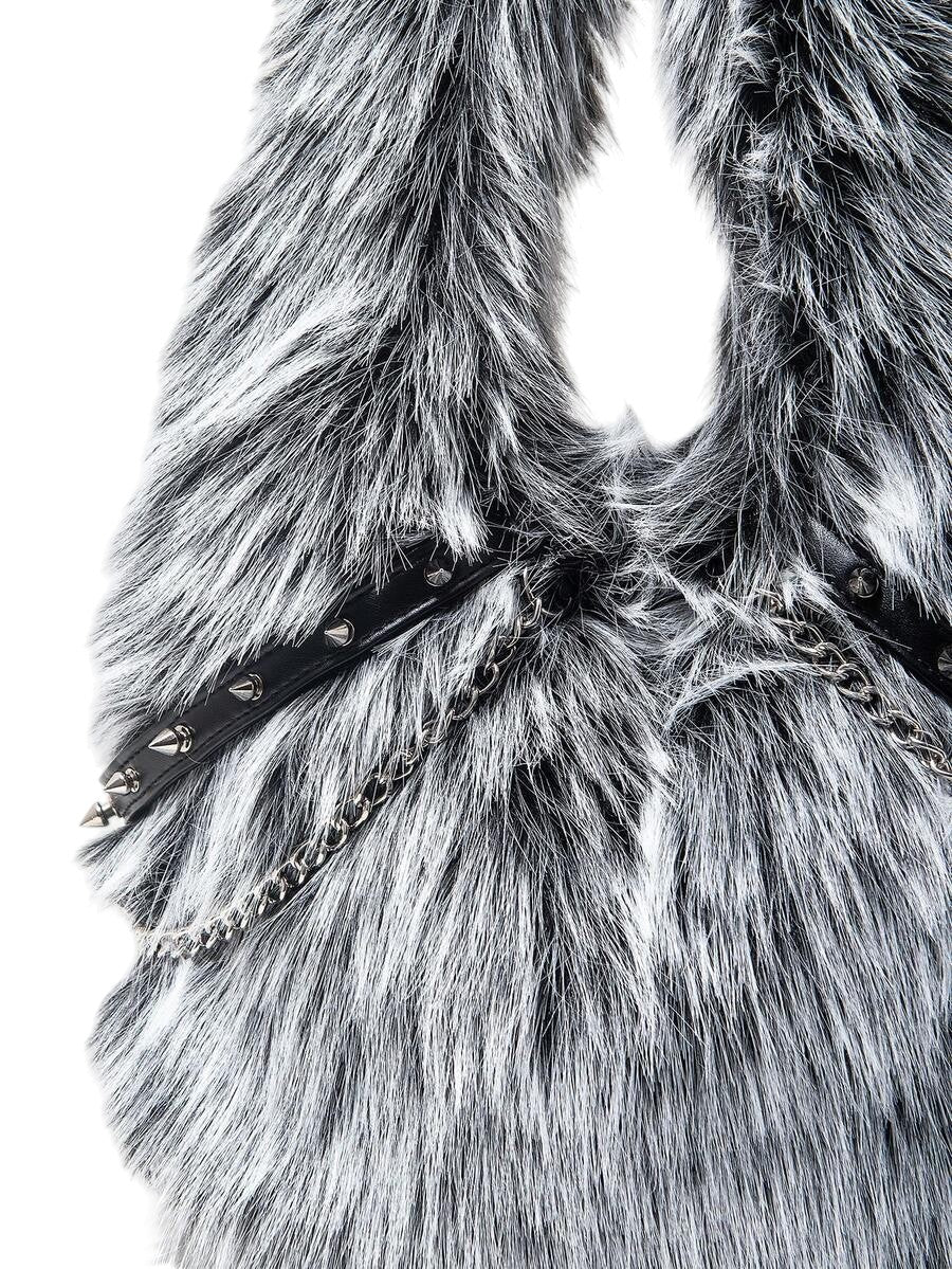 Women's Black & White Faux Fur Chain Rivet Hobo Shoulder Bag