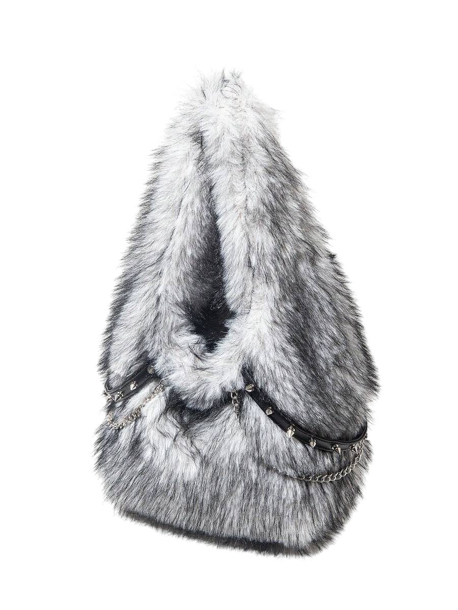 Women's Black & White Faux Fur Chain Rivet Hobo Shoulder Bag