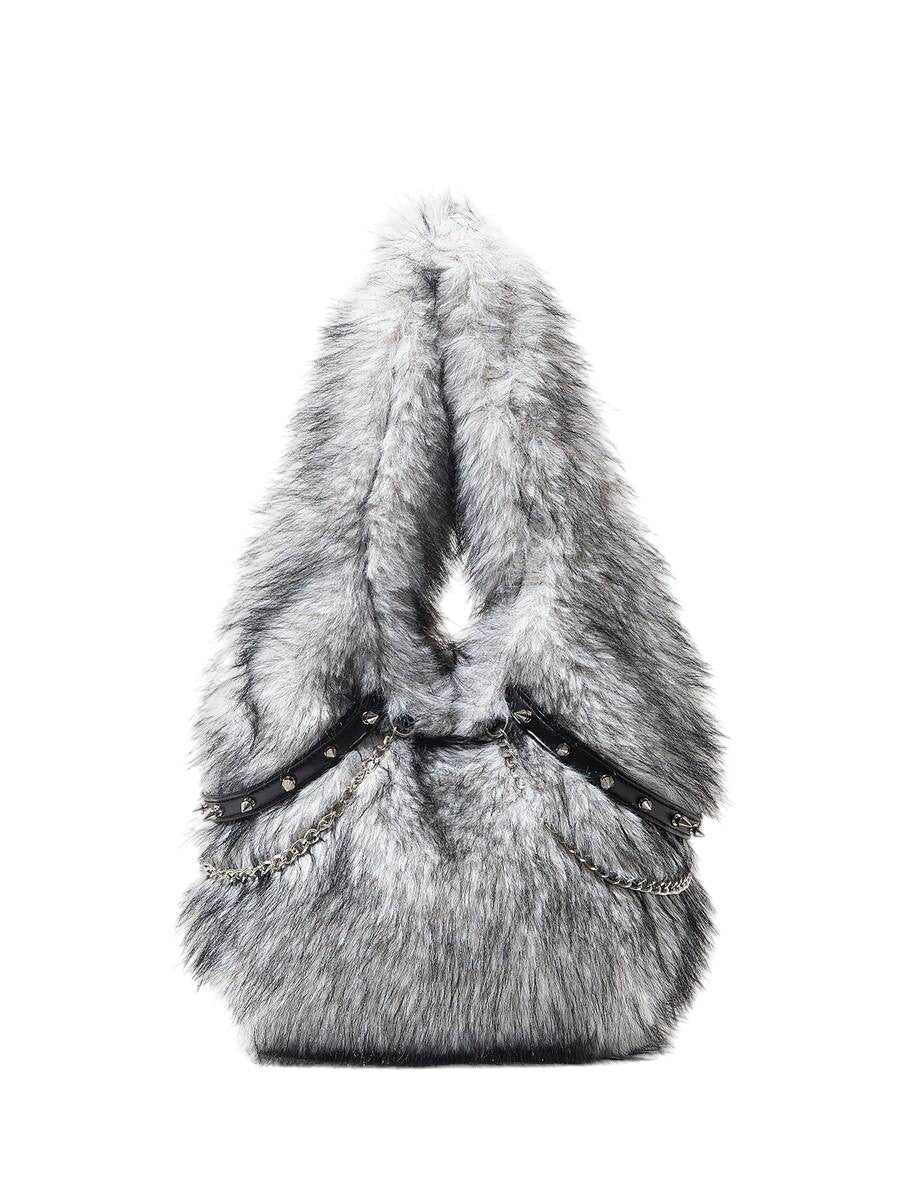 Women's Black & White Faux Fur Chain Rivet Hobo Shoulder Bag