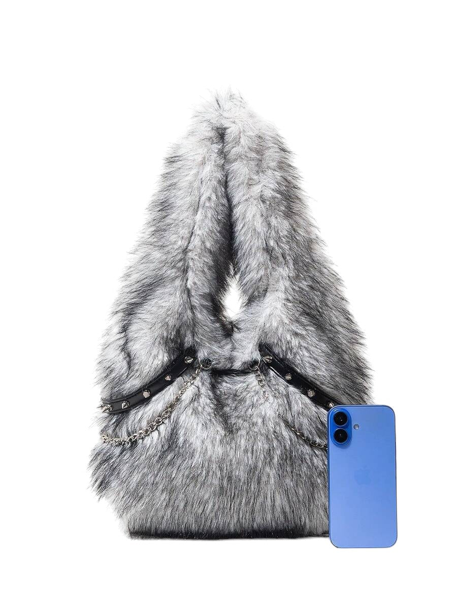 Women's Black & White Faux Fur Chain Rivet Hobo Shoulder Bag