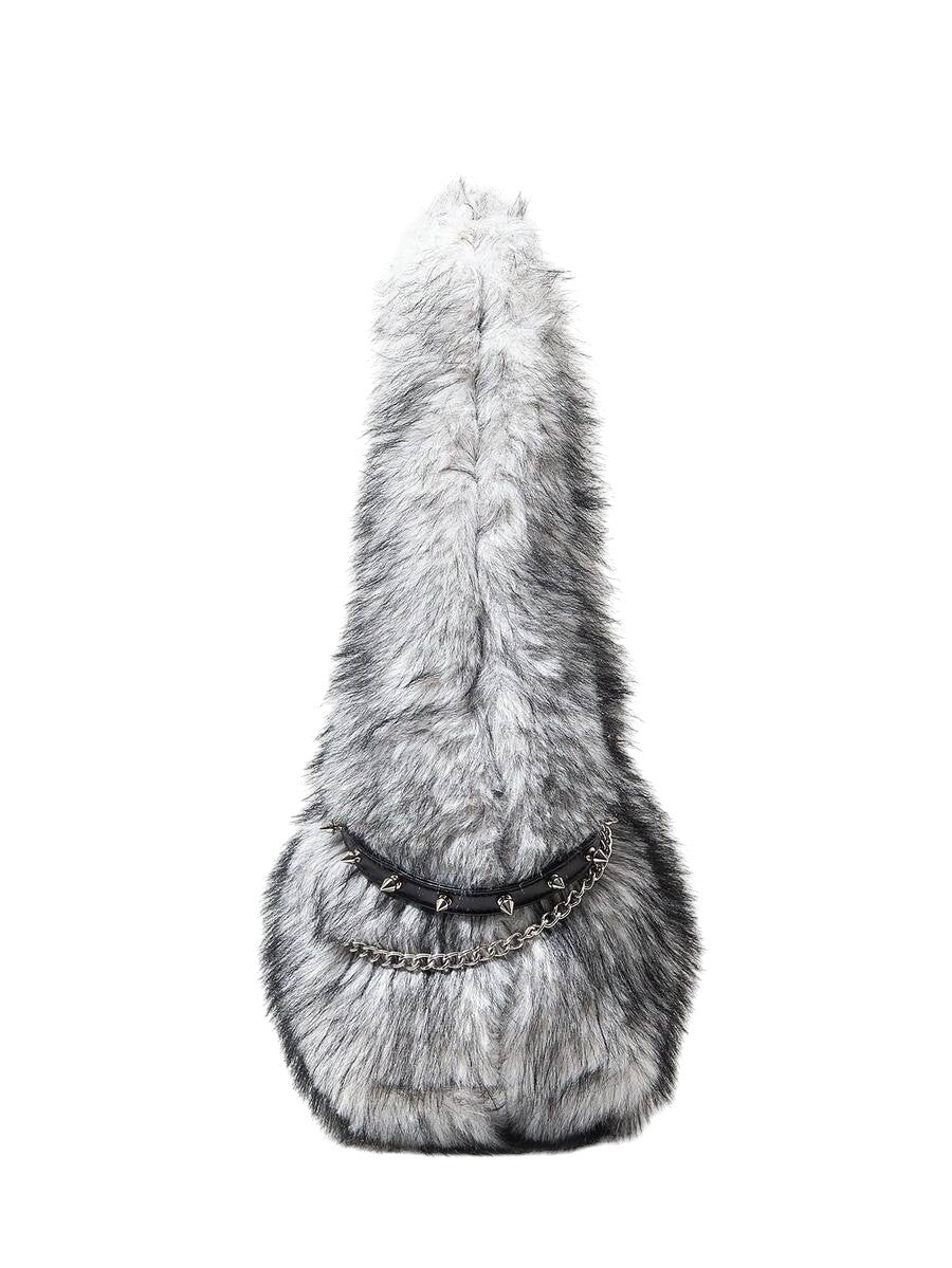 Women's Black & White Faux Fur Chain Rivet Hobo Shoulder Bag