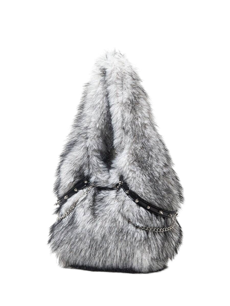 Women's Black & White Faux Fur Chain Rivet Hobo Shoulder Bag
