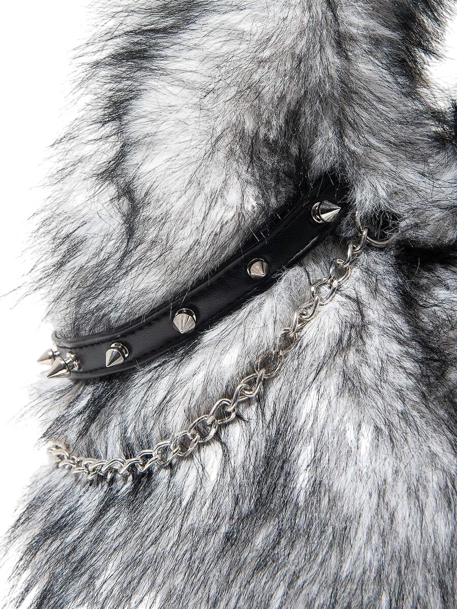 Women's Black & White Faux Fur Chain Rivet Hobo Shoulder Bag
