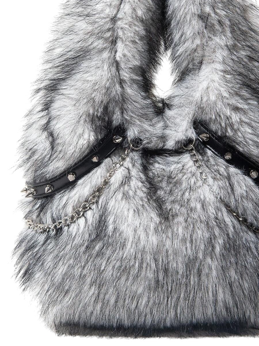 Women's Black & White Faux Fur Chain Rivet Hobo Shoulder Bag