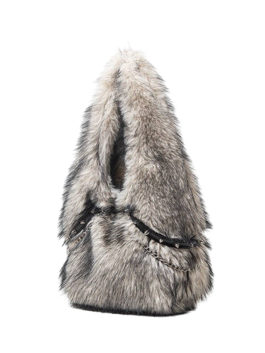 Women's Black Apricot Faux Fur Chain Rivet Hobo Shoulder Bag