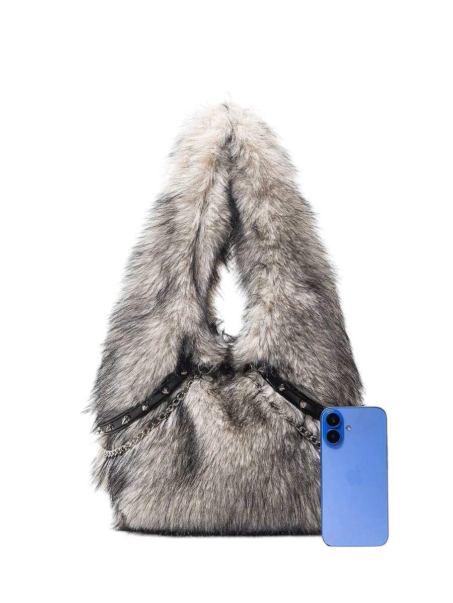 Women's Black Apricot Faux Fur Chain Rivet Hobo Shoulder Bag