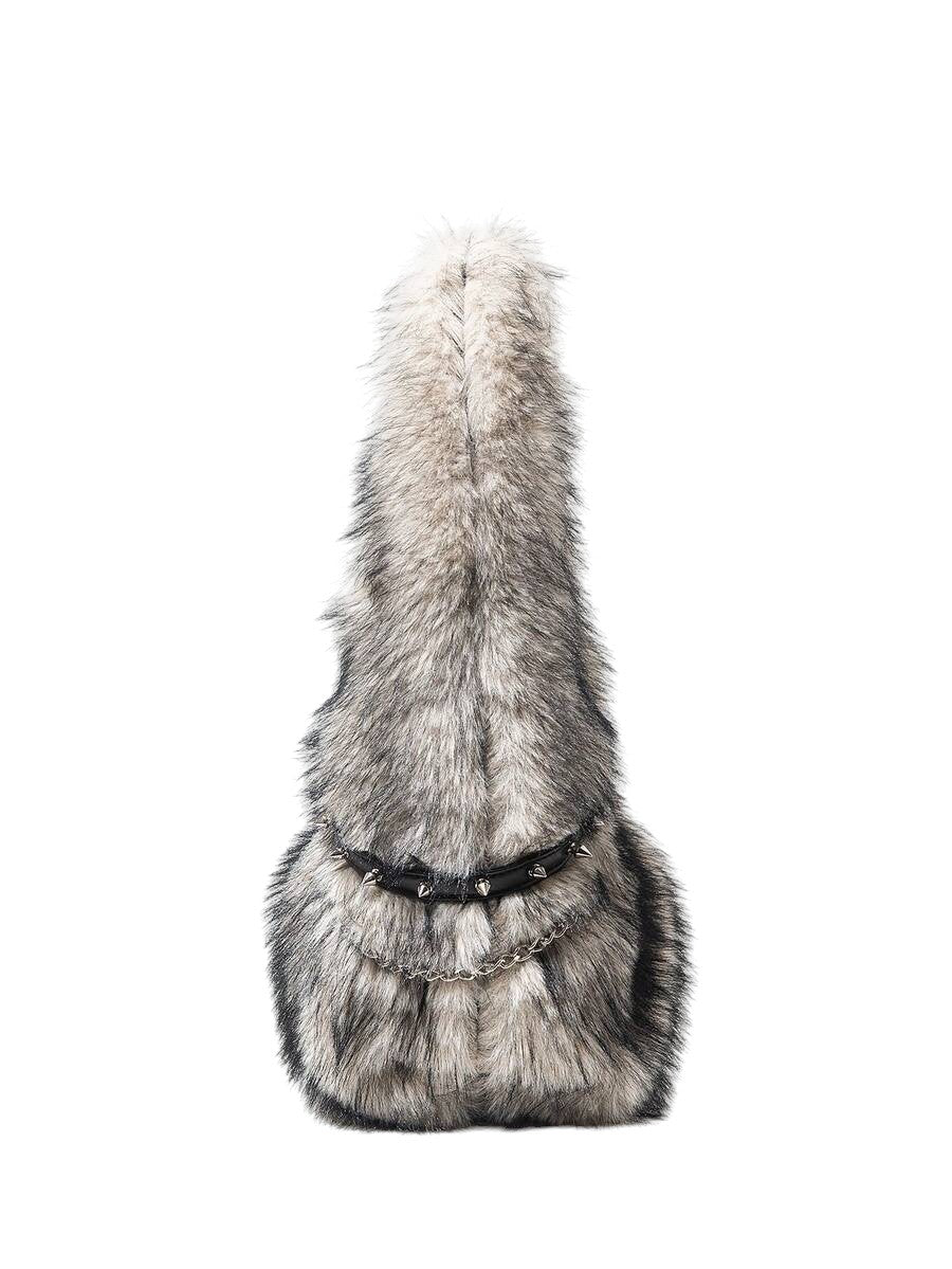 Women's Black Apricot Faux Fur Chain Rivet Hobo Shoulder Bag