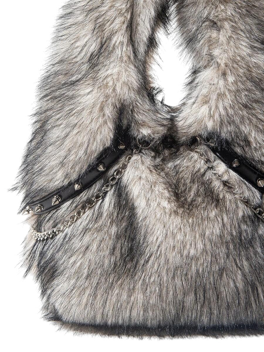 Women's Black Apricot Faux Fur Chain Rivet Hobo Shoulder Bag