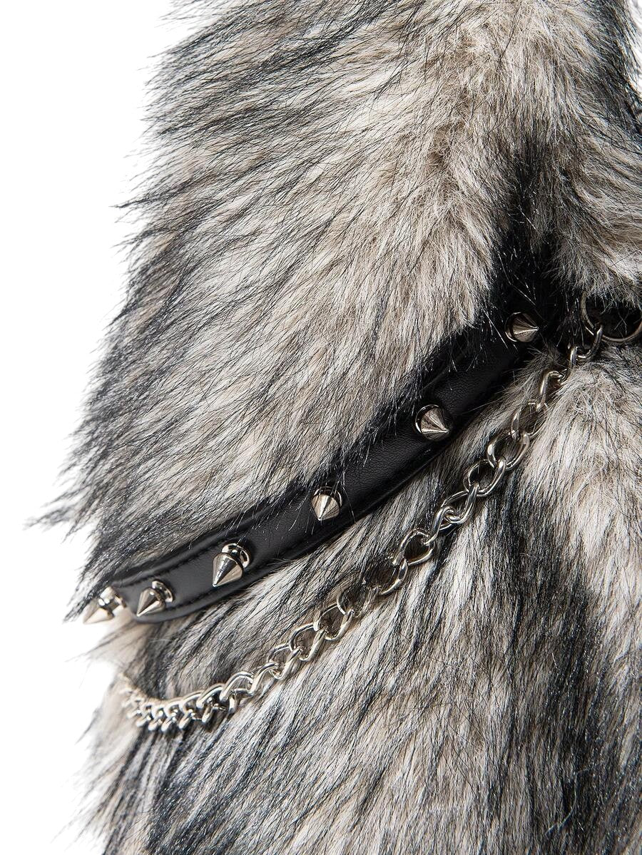 Women's Black Apricot Faux Fur Chain Rivet Hobo Shoulder Bag