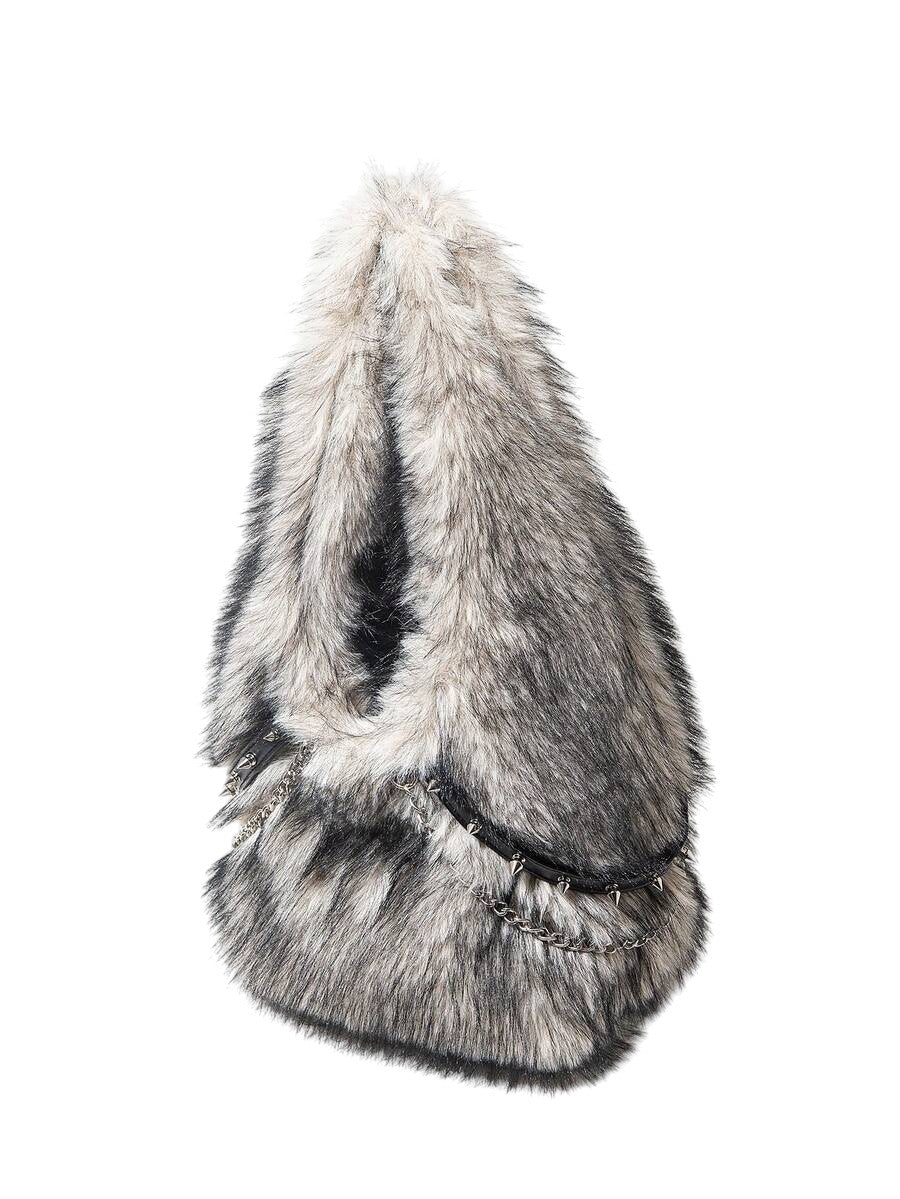 Women's Black Apricot Faux Fur Chain Rivet Hobo Shoulder Bag
