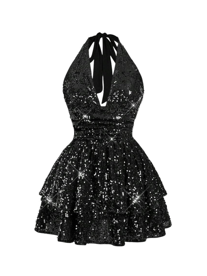 Plus Size Bling Sequin Backless Halter Neck Dress