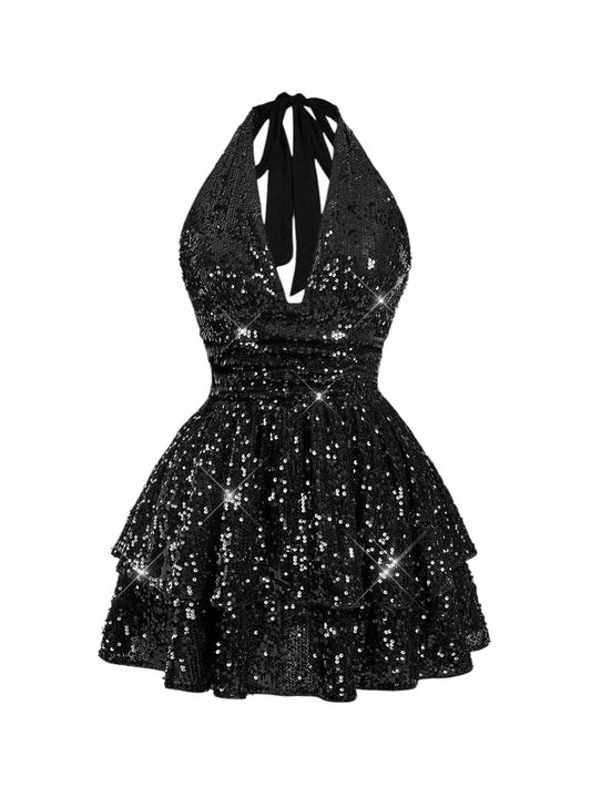 Plus Size Bling Sequin Backless Halter Neck Dress