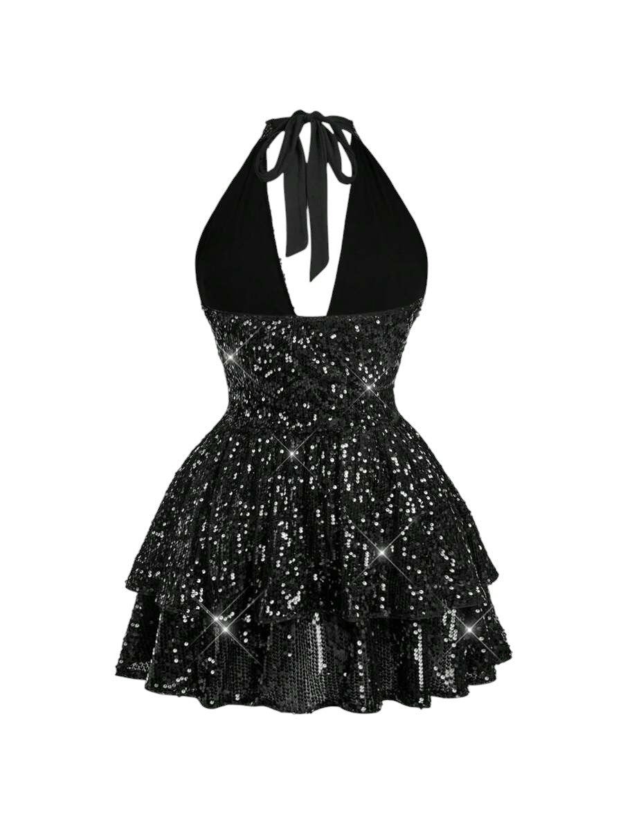 Plus Size Bling Sequin Backless Halter Neck Dress