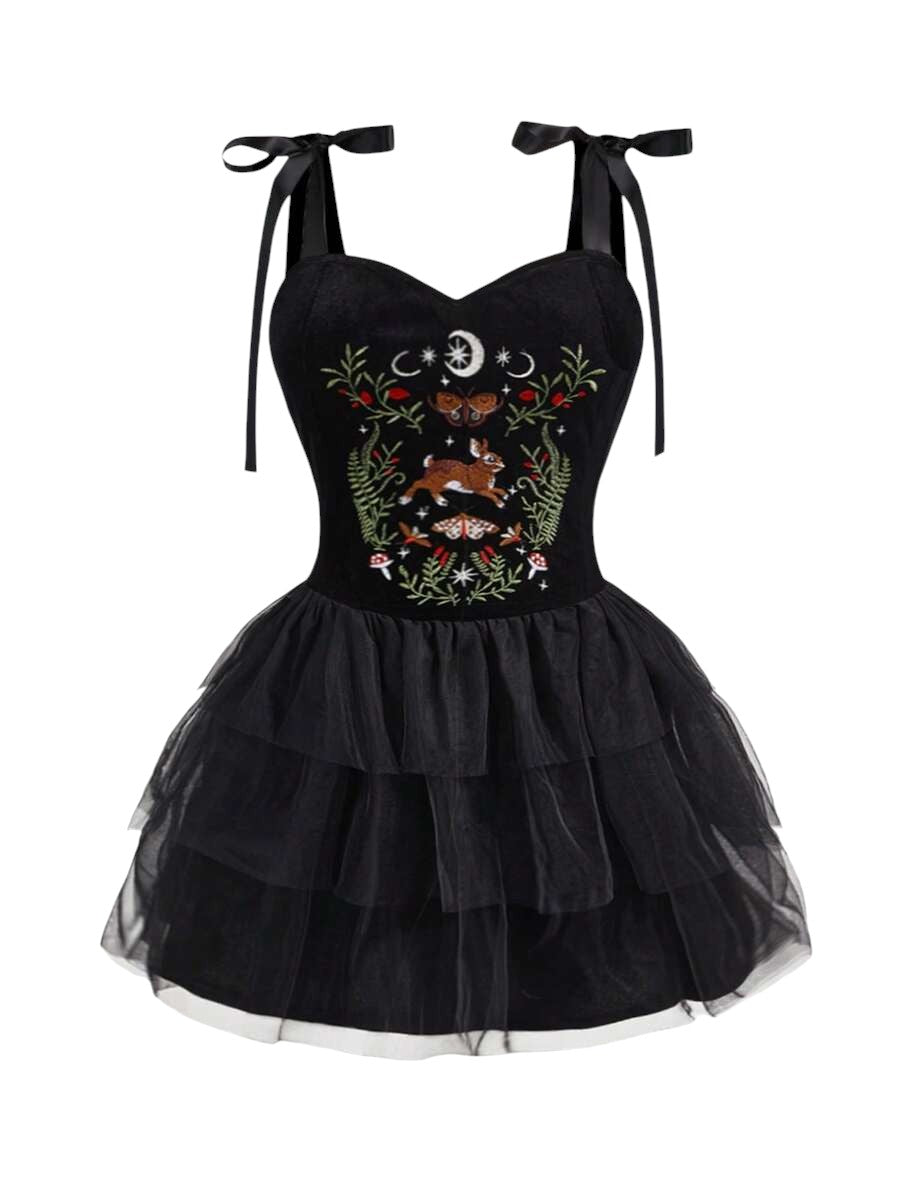 Plus Size Embroidered Mesh Layer A-Line Dress with Celestial & Nature Motifs