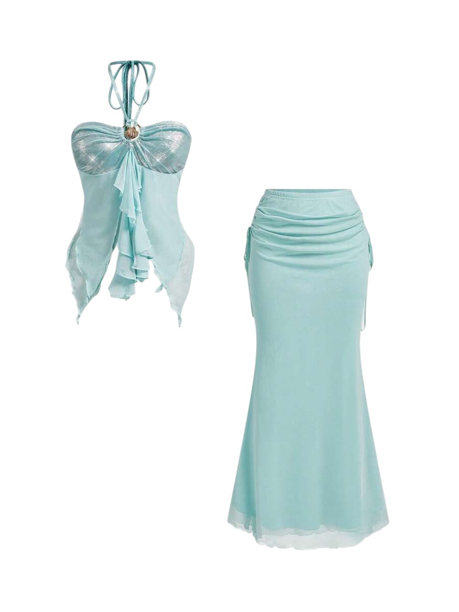 Plus Size Ocean Shell Bandeau Top & Mermaid Maxi Skirt Vacation Co-Ord Set
