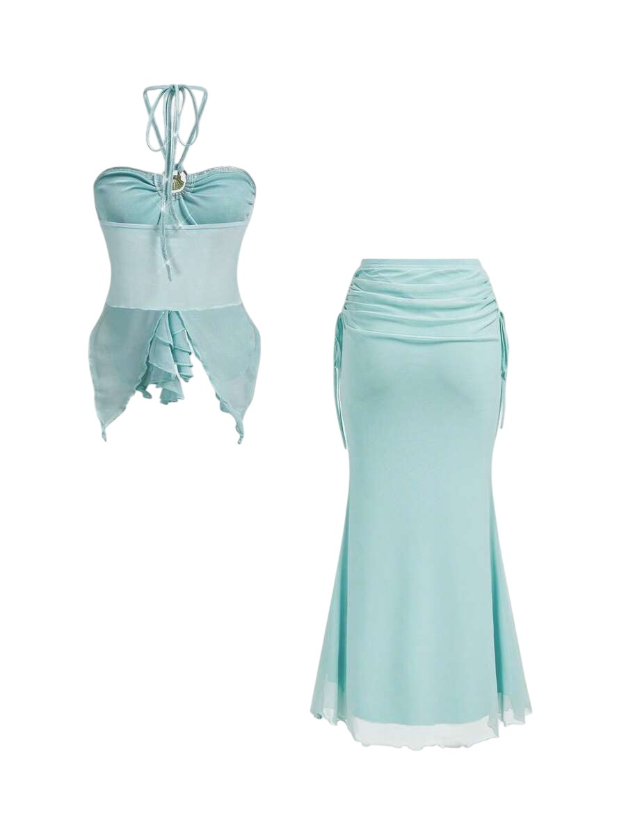 Plus Size Ocean Shell Bandeau Top & Mermaid Maxi Skirt Vacation Co-Ord Set
