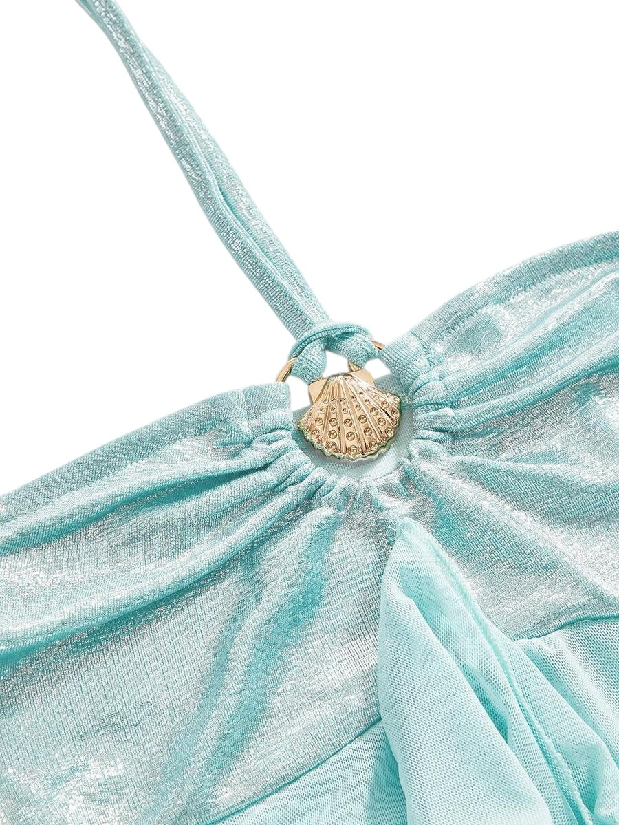 Plus Size Ocean Shell Bandeau Top & Mermaid Maxi Skirt Vacation Co-Ord Set