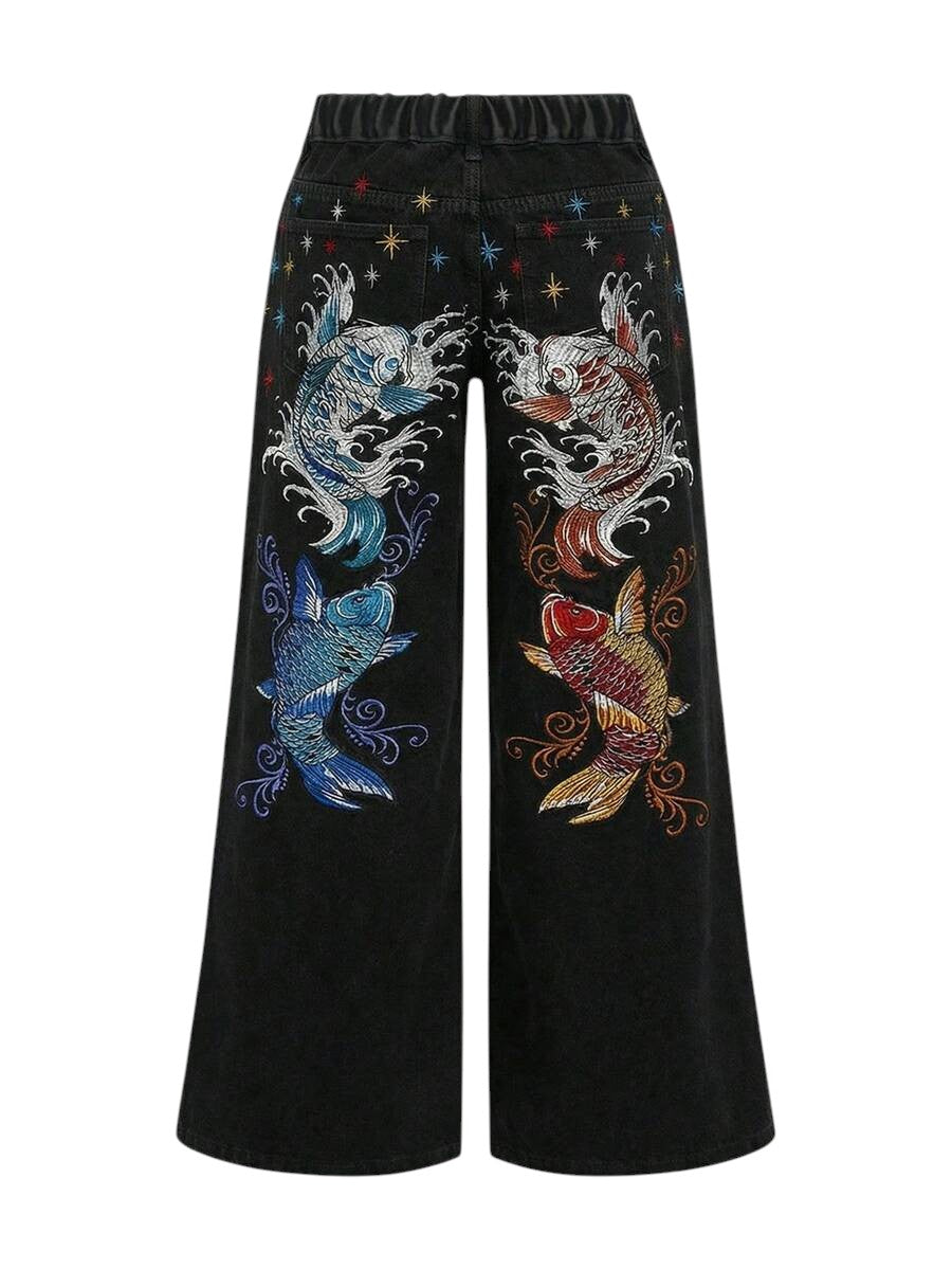 Women's Black Carp Floral Embroidered Wide-Leg Jeans