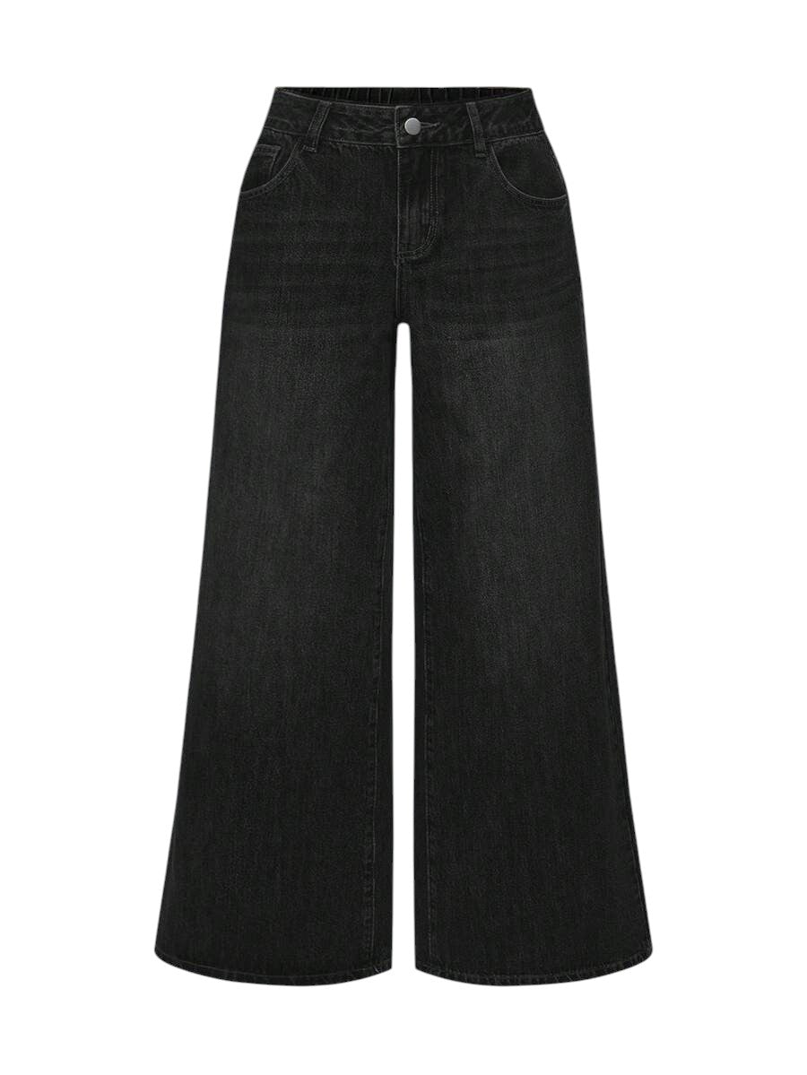 Women's Black Carp Floral Embroidered Wide-Leg Jeans