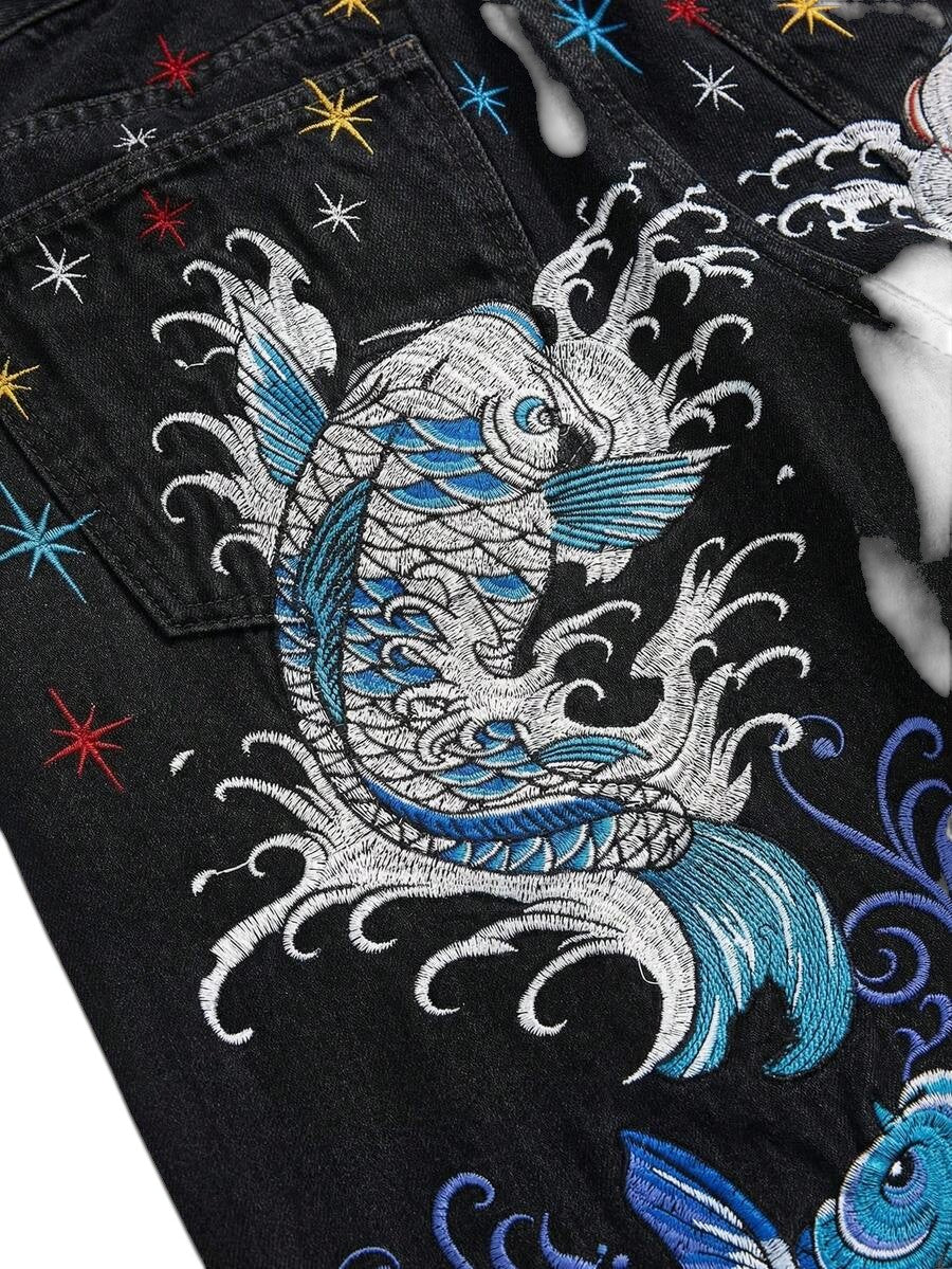 Women's Black Carp Floral Embroidered Wide-Leg Jeans