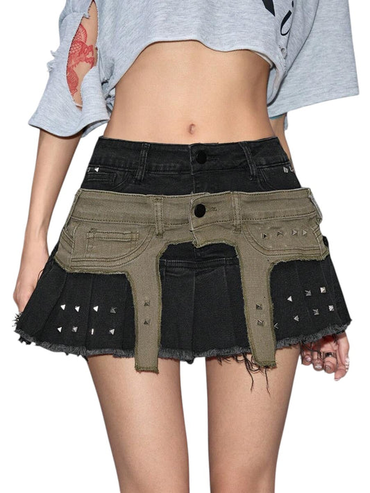 Women's 2-in-1 Rivet Low-Waist Denim Mini Skirt